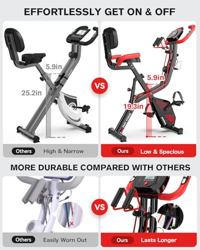 pooboo Folding Exercise Bike, Fitness Stationary Bike Machine, Upright Indoor Cycling Bike, 4-in-1 Magnetic X-Bike with 8-Level Adjustable Resistance, Bottle Holder, Arm Resistance Bands, Pulse Sensor & Back Support Cushion for Home Gym Workout (red) - Image 3
