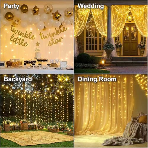 HXWEIYE 300LED Fairy Curtain Lights, 9.8x9.8Ft USB Plug-in 8 Modes Christmas String Hanging Lights with Remote for Bedroom Backdrop Wedding Party Indoor Wall Decor, Warm White, Standard - Image 8