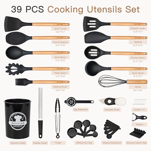 Astercook Kitchen Utensils Set, 39 PCS Silicone Cooking Utensils Set with Wooden Handle, 446°F Heat Resistant Food Grade Utensil Sets, BPA Free Kitchen Gadgets Tools Set for Nonstick Cookware (Black) - Image 3