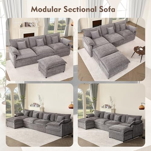 GOSUHI 108" U Shaped Couch, Modular Sectional Sofa, 3-Seater Comfy Cloud Couch with Movable Ottoman, Deep Seat Couches for Living Room, Chenille, Slate - Image 9