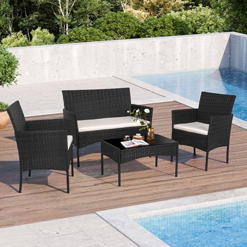 Shintenchi 4 Piece Outdoor Patio Furniture Sets, Small Wicker Patio Conversation Furniture Rattan Chair Set with Tempered Glass Coffee Table for Backyard Porch Garden Poolside Balcony,Black - Image 4