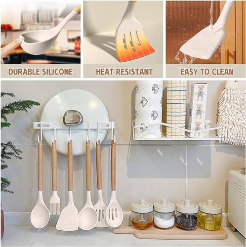 Umite Chef Kitchen Cooking Utensils Set, 33 pcs Non-Stick Silicone Cooking Kitchen Utensils Spatula Set with Holder, Wooden Handle Silicone Kitchen Gadgets Utensil Set (Khaki) - Image 7