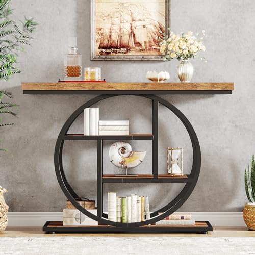 Tribesigns 41.3" Console Table, Industrial 4-Tier Sofa Table Entryway Table with Circle Base, Narrow Wood Accent Tables with Storage Shelves for Living Room, Hallway, Foyer, Rustic Brown - Image 9