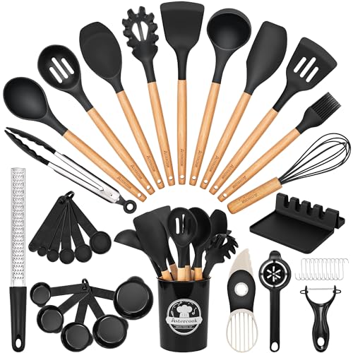 Astercook Kitchen Utensils Set, 39 PCS Silicone Cooking Utensils Set with Wooden Handle, 446°F Heat Resistant Food Grade Utensil Sets, BPA Free Kitchen Gadgets Tools Set for Nonstick Cookware (Black) - Image 2