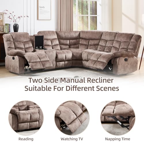 EBELLO Manual Reclining Sectional Sofa Set for Living Room, Soft Fabric Recliner Corner Sectional Couch with Center Console, Cup Holder and Storage, Brown - Image 7