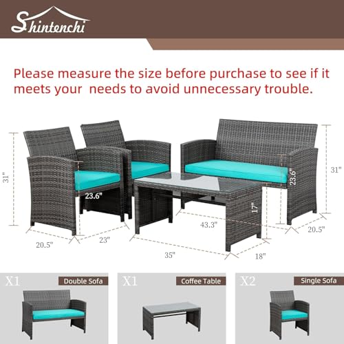 Shintenchi 4 Piece Patio Ratten Set Outdoor Furniture Set Wicker Conversation Set with Cushions and Tempered Glass Tabletop,Blue - Image 3