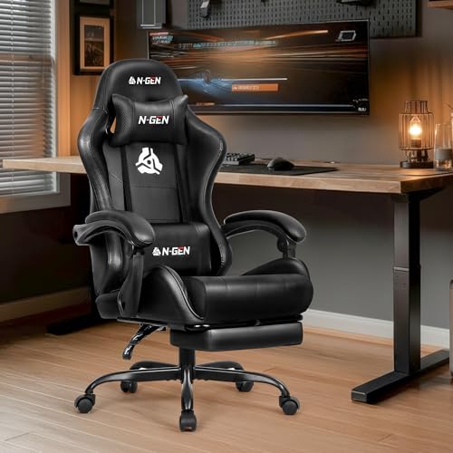 N-GEN GAMING Video Gaming Chair with Footrest Lumbar Support for Home Office High Back Recliner Height Adjustable Ergonomic Comfy Leather Computer Desk Chair (Black) - Image 3