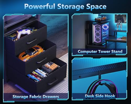 AODK 59 Inch Gaming Desk with USB Charging Ports & LED Light- Reversible Computer Desk with Storage Shelves & Monitor Stand, Modern Gamer Desk Table with Fabric Drawers & Side Hook, Carbon Fiber Black - Image 7