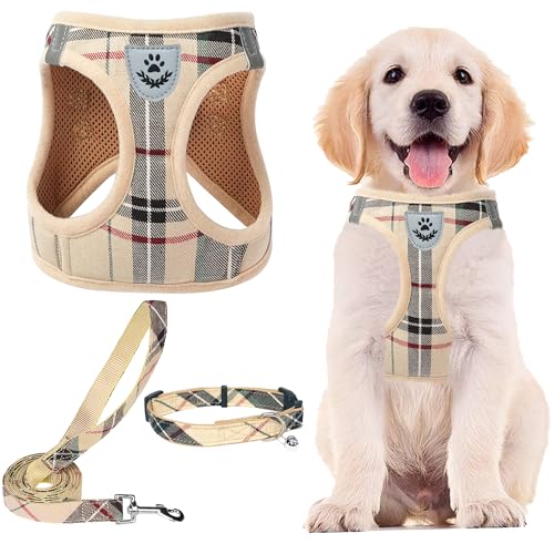 PUPTECK Adjustable Dog Harness Collar and Leash Set Step in No Pull Pet Harness for Small Medium Dogs Puppy and Cats Outdoor Walking Running, Soft Mesh Padded Reflective Vest Harnesses, Beige S - Image 2
