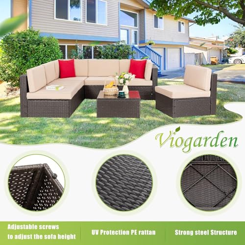 Vongrasig 7 Pieces Patio Furniture Sets, Outdoor All-Weather Wicker Patio Conversation Sets, L-Shaped Rattan Sectional Patio Sofa with Glass Table for Backyard, Beige - Image 7