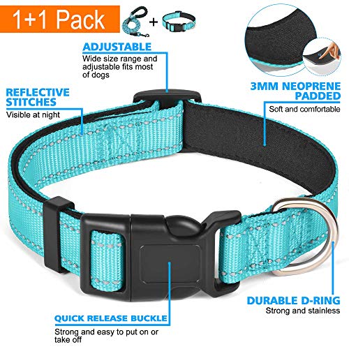 Ladoogo Reflective Dog Collar Padded with Soft Neoprene Breathable Adjustable Nylon Dog Collars for Small Medium Large Dogs (Medium (Pack of 1), Blue Collar+Leash) - Image 4