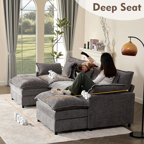GOSUHI 108" U Shaped Couch, Modular Sectional Sofa, 3-Seater Comfy Cloud Couch with Movable Ottoman, Deep Seat Couches for Living Room, Chenille, Slate - Image 6