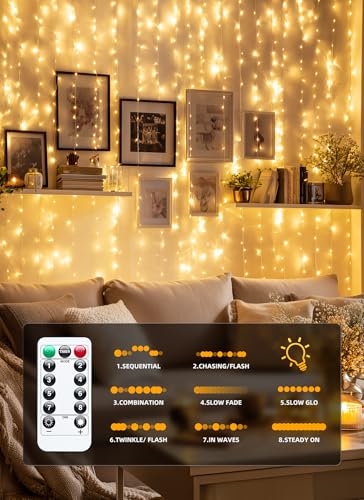 Brightown 300 LED Fairy Curtain Lights, 9.8ft x 9.8ft Warm White Curtain String Lights, USB Plug in 8 Lighting Modes Christmas Decoration, Hanging Lights with Remote for Bedroom Indoor Weddings Dorm - Image 6