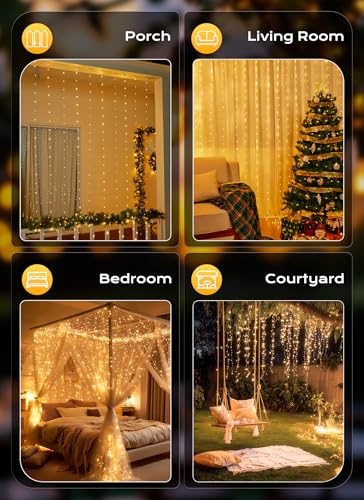Brightown 300 LED Fairy Curtain Lights, 9.8ft x 9.8ft Warm White Curtain String Lights, USB Plug in 8 Lighting Modes Christmas Decoration, Hanging Lights with Remote for Bedroom Indoor Weddings Dorm - Image 8