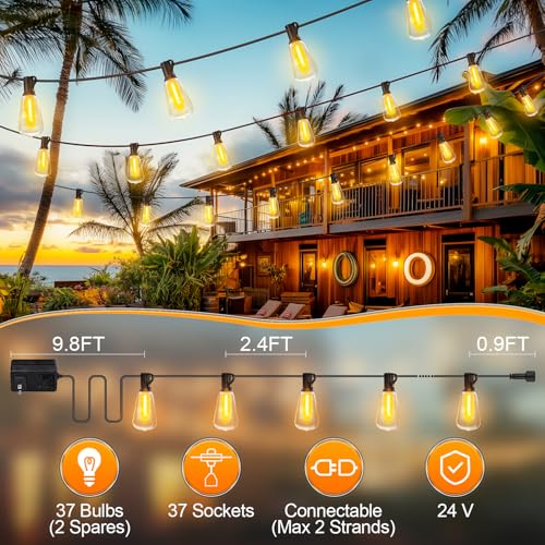 Outdoor String LED Patio Lights - 100Ft 30M Outside Waterproof Light with Remote Dimmable ST38 Shatterproof Bulb Connectable Hanging Outdoor Electric Lighting for Backyard Yard Gazebo Porch Party - Image 8