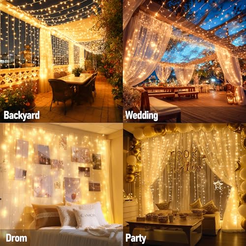 Dazzle Bright 300 LED Curtain Lights, Plug in Fairy Curtain Lights for Bedroom, Christmas Hanging String Lights Outdoor for Window Backdrop Wall Wedding Patio Indoor Dorm Party Decor, Warm White - Image 7