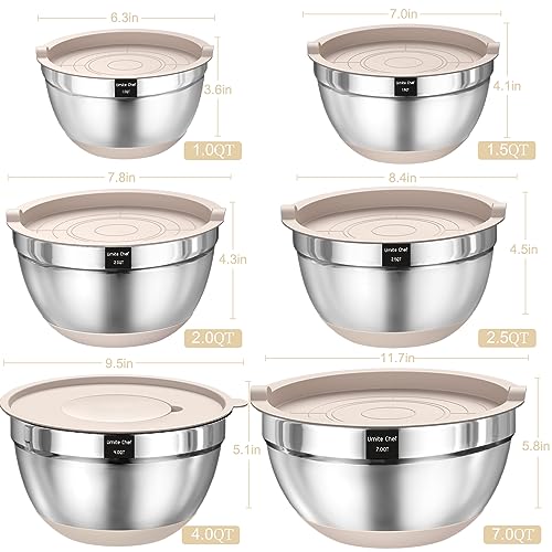Mixing Bowls with Airtight Lids Set, 26PCS Stainless Steel Khaki Bowls with Grater Attachments, Non-Slip Bottoms & Kitchen Gadgets Set, Size 7, 4, 2.5, 2.0,1.5, 1QT, Great for Mixing & Serving - Image 3