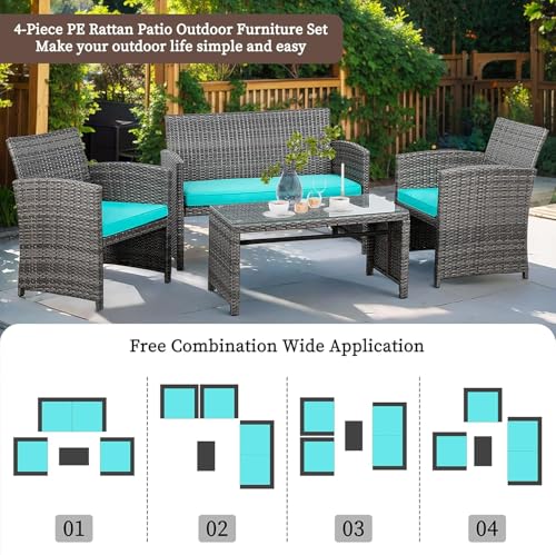 Shintenchi 4 Piece Patio Ratten Set Outdoor Furniture Set Wicker Conversation Set with Cushions and Tempered Glass Tabletop,Blue - Image 4