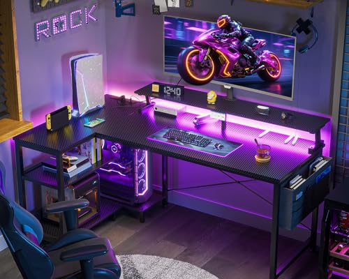 ODK 48 Inch Gaming Desk with USB Charging Ports and LED Lights, Reversible L Shaped Computer Desk with Storage Shelves & Monitor Stand, Corner Gamer Desk Table with Power Outlets, Black - Image 3
