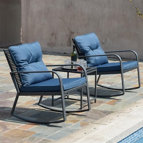 HLNPTN 3 Piece Rocking Bistro Patio Set, Outdoor Rocking Chair, Outdoor Bistro Sets Wicker Patio Furniture Rocking Chairs Sectional Couch with Tempered Glass Top Coffee Table & Cushions, Dark Blue - Image 5