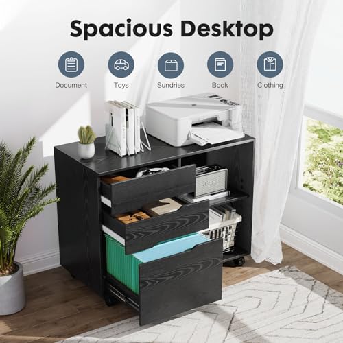 DUMOS Lateral File Cabinet with 3 Drawers Rolling Filing Cabinets Under Desk Storage Printer Stand Wood Organizer with Wheels Adjustable Shelf for Office Home Small Space, Black - Image 5