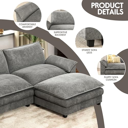 Homall 119" Modular Sectional Sofa, L Shaped Sofa Couch with Reversible Ottoman, DIY Combination Chenille Deep 3-Seat Cloud Couch for Living Room, Apartment (Light Grey, L Shaped Sofa) - Image 6