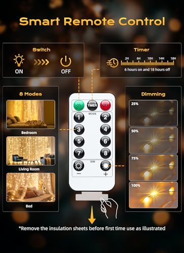 Brightown 300 LED Fairy Curtain Lights, 9.8ft x 9.8ft Warm White Curtain String Lights, USB Plug in 8 Lighting Modes Christmas Decoration, Hanging Lights with Remote for Bedroom Indoor Weddings Dorm - Image 7
