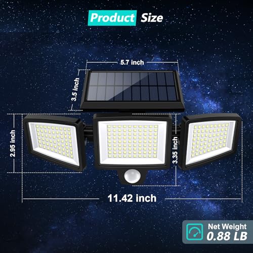 Tuffenough Solar Outdoor Lights 2500LM 210 LED Security Lights with Remote Control,3 Heads Motion Sensor Lights, IP65 Waterproof,270° Wide Angle Flood Wall Lights with 3 Modes(2 Packs) - Image 4