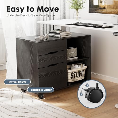 DUMOS Lateral File Cabinet with 3 Drawers Rolling Filing Cabinets Under Desk Storage Printer Stand Wood Organizer with Wheels Adjustable Shelf for Office Home Small Space, Black - Image 7