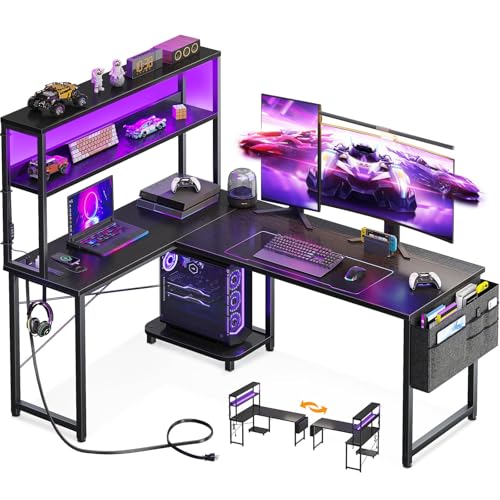 AODK L Shaped Desk Gaming Desk with LED Light & Power Outlet, 53 Inch Reversible L Shaped Computer Table with Shelf & Storage Bag & Hook for Home Office, Black - Image 2