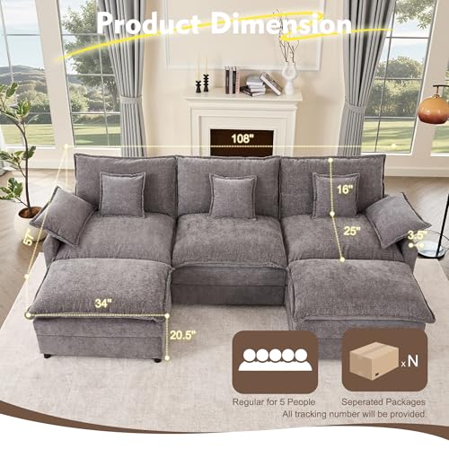 GOSUHI 108" U Shaped Couch, Modular Sectional Sofa, 3-Seater Comfy Cloud Couch with Movable Ottoman, Deep Seat Couches for Living Room, Chenille, Slate - Image 3