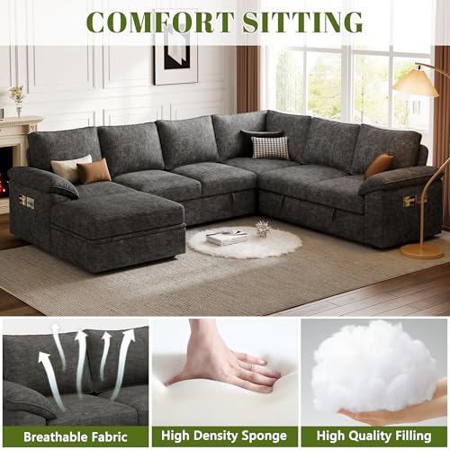SUAWY 108 Inch Sectional Sleeper Sofa with Pull Out Bed, U Shaped 7 Seat Modular Sectional Sofa with Storage, Sectional Couches for Living Room, Cloud Modular Couch,Removable Sofa Cover, Dark Grey - Image 6