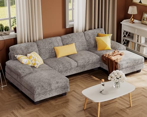 Furmax Sectional Couches for Living Room, U-Shaped Sofa Couch with Linen Fabric, 4 Seat Sofa Set with Double Chaise for Apartment (Fabric, Grey) - Image 2