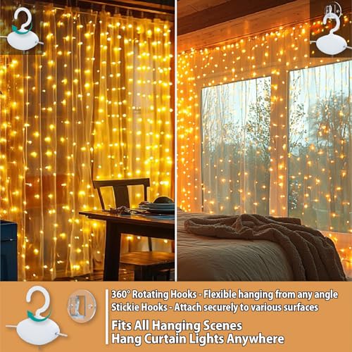 HXWEIYE 300LED Fairy Curtain Lights, 9.8x9.8Ft USB Plug-in 8 Modes Christmas String Hanging Lights with Remote for Bedroom Backdrop Wedding Party Indoor Wall Decor, Warm White, Standard - Image 4