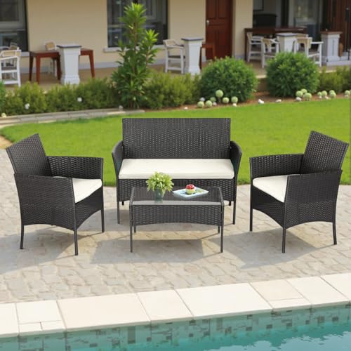 FDW | 4-Piece Patio Furniture Set | Black | Outdoor Wicker Furniture with Coffee Table | Modern Rattan Chairs Conversation Set | Outdoor Seating | Weather-Resistant | for Porch, Garden, Lawn - Image 3