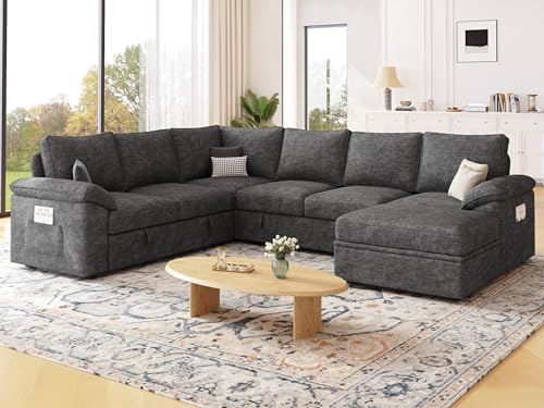 SUAWY 108 Inch Sectional Sleeper Sofa with Pull Out Bed, U Shaped 7 Seat Modular Sectional Sofa with Storage, Sectional Couches for Living Room, Cloud Modular Couch,Removable Sofa Cover, Dark Grey - Image 3