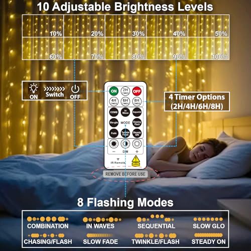 HXWEIYE 300LED Fairy Curtain Lights, 9.8x9.8Ft USB Plug-in 8 Modes Christmas String Hanging Lights with Remote for Bedroom Backdrop Wedding Party Indoor Wall Decor, Warm White, Standard - Image 5