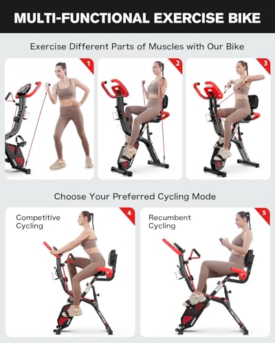 pooboo Folding Exercise Bike, Fitness Stationary Bike Machine, Upright Indoor Cycling Bike, 4-in-1 Magnetic X-Bike with 8-Level Adjustable Resistance, Bottle Holder, Arm Resistance Bands, Pulse Sensor & Back Support Cushion for Home Gym Workout (red) - Image 4
