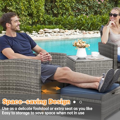 Shintenchi 5 Pieces Patio Furniture Set, Outdoor Wicker Patio Conversation Set with Ottoman, All Weather Rattan Outside Chairs with Coffee Table & Cushion for Porch, Garden, Backyard, Navy - Image 5