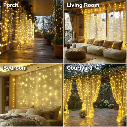 HXWEIYE 300LED Fairy Curtain Lights, 9.8x9.8Ft USB Plug-in 8 Modes Christmas String Hanging Lights with Remote for Bedroom Backdrop Wedding Party Indoor Wall Decor, Warm White, Standard - Image 7