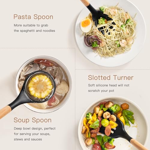 Astercook Kitchen Utensils Set, 39 PCS Silicone Cooking Utensils Set with Wooden Handle, 446°F Heat Resistant Food Grade Utensil Sets, BPA Free Kitchen Gadgets Tools Set for Nonstick Cookware (Black) - Image 6