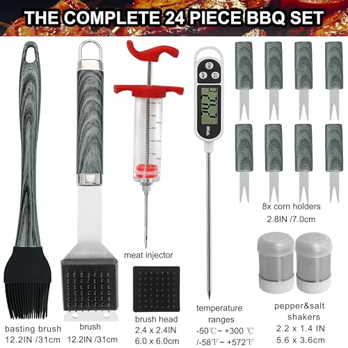 grilljoy 24PCS BBQ Grill Tools Set with Meat Thermometer and Injector - Extra Thick Stainless Steel Fork, Spatula& Tongs - Complete BBQ Accessories in Aluminum Case - Perfect Grill Gifts for Men Grey - Image 5