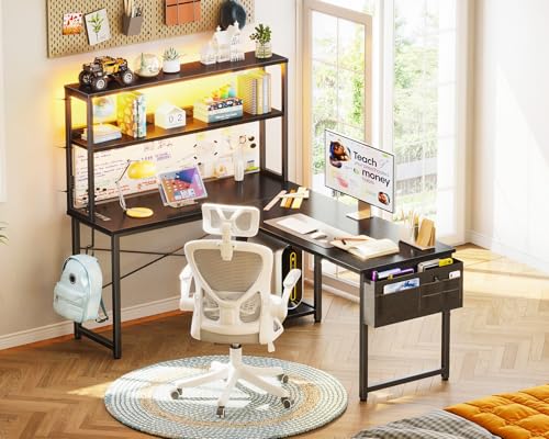 AODK L Shaped Desk Gaming Desk with LED Light & Power Outlet, 53 Inch Reversible L Shaped Computer Table with Shelf & Storage Bag & Hook for Home Office, Black - Image 10