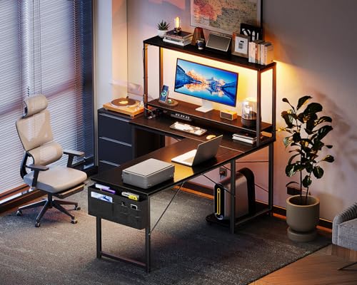 AODK L Shaped Desk Gaming Desk with LED Light & Power Outlet, 53 Inch Reversible L Shaped Computer Table with Shelf & Storage Bag & Hook for Home Office, Black - Image 9