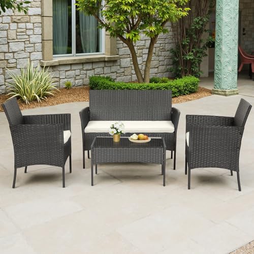 FDW | 4-Piece Patio Furniture Set | Black | Outdoor Wicker Furniture with Coffee Table | Modern Rattan Chairs Conversation Set | Outdoor Seating | Weather-Resistant | for Porch, Garden, Lawn - Image 9