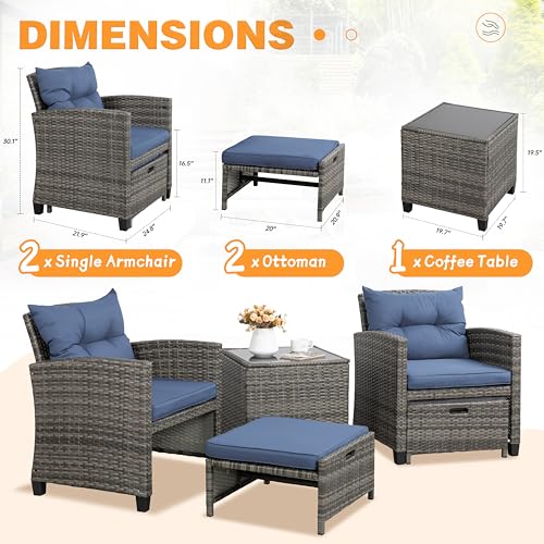 Shintenchi 5 Pieces Patio Furniture Set, Outdoor Wicker Patio Conversation Set with Ottoman, All Weather Rattan Outside Chairs with Coffee Table & Cushion for Porch, Garden, Backyard, Navy - Image 4