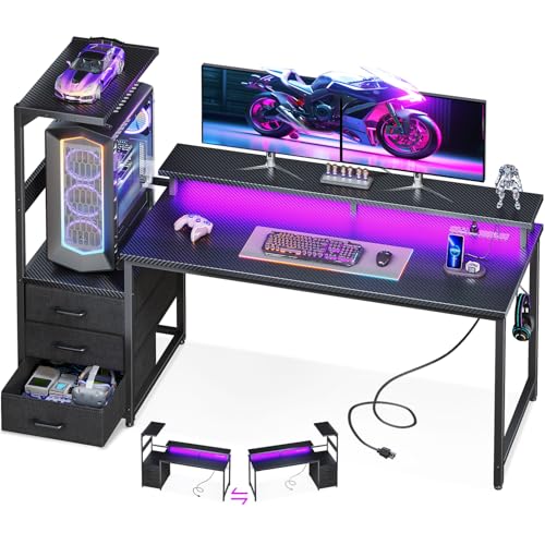 AODK 59 Inch Gaming Desk with USB Charging Ports & LED Light- Reversible Computer Desk with Storage Shelves & Monitor Stand, Modern Gamer Desk Table with Fabric Drawers & Side Hook, Carbon Fiber Black - Image 2