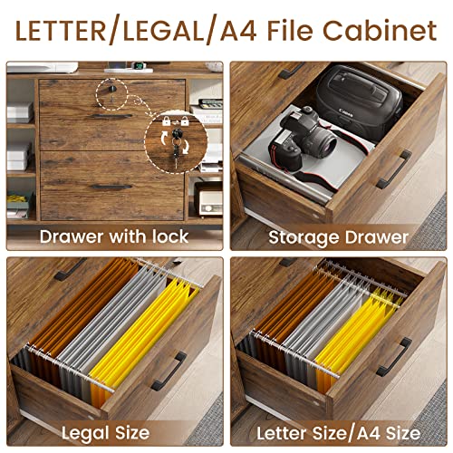 SEDETA 44" File Cabinet, Filing Cabinet fits Legal/Letter Size, 2 Drawer File Cabinets for Home Office with Lock, Power Strip, 6 Storage Shelves, Rustic Brown - Image 5