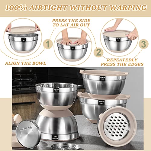 Mixing Bowls with Airtight Lids Set, 26PCS Stainless Steel Khaki Bowls with Grater Attachments, Non-Slip Bottoms & Kitchen Gadgets Set, Size 7, 4, 2.5, 2.0,1.5, 1QT, Great for Mixing & Serving - Image 8