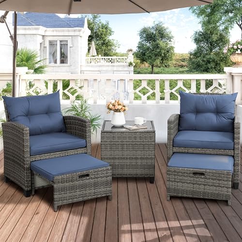 Shintenchi 5 Pieces Patio Furniture Set, Outdoor Wicker Patio Conversation Set with Ottoman, All Weather Rattan Outside Chairs with Coffee Table & Cushion for Porch, Garden, Backyard, Navy - Image 8
